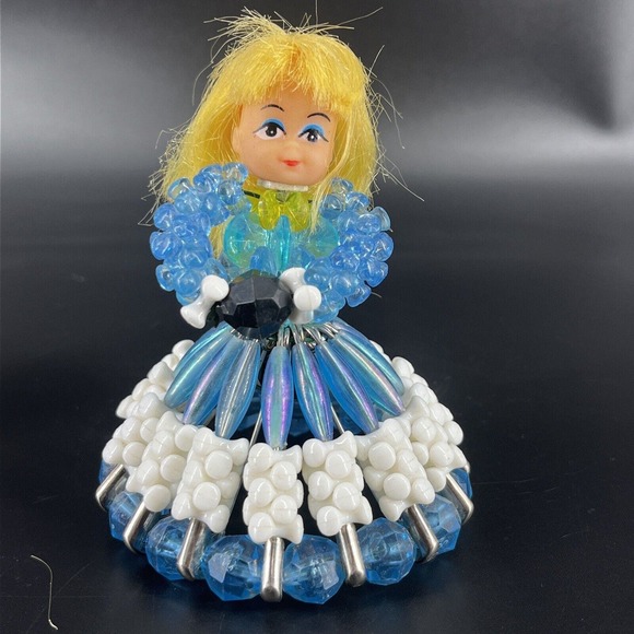 Vintage Tramp Art Doll Head Beaded Safety Pin Girls Blue Red Dress Display - Picture 10 of 16
